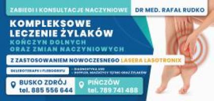 Dr n. med. Rafał Rudko - Specjalista chorób wewnętrznych, specjalista chorób serca i naczyń.
W gabinecie stosuje się nowatorską, małoinwazyjną metodę zamykania niewydolnych pni żylnych będących główną przyczyną powstawania żylaków i objawów niewydolności żylnej oraz 