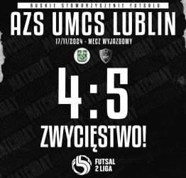 W rozgrywkach II Ligi Futsalu, drużyna BSF Busko-Zdrój pokonała na wyjeździe AZS UMCS Lublin. To drugi mecz na wyjeździe - drugie zwycięstwo! Po niezwykle emocjonującym meczu, trzymającym w napięciu do samego końca, przywozimy z Lublina 3 punkty! 