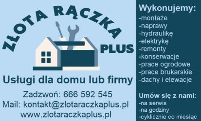 Drobna awaria w domu, cieknący kran, gniazdko do wymiany, a może potrzeba odmalowania pokoju lub złożenia mebli? W natłoku codziennych obowiązków trudno znaleźć czas i chęci, by samodzielnie zająć się domowymi usterkami. Właśnie dlatego powstała ZŁOTA RĄCZKA PLUS - firma, która profesjonalnie, szybko i solidnie zajmie się tym, co w domu lub firmie przestaje działać tak, jak powinno.