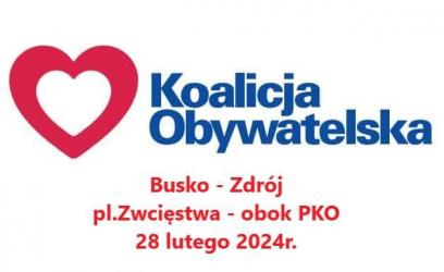 Kandydaci Koalicji Obywatelskiej w wyborach samorządowych 2024 r. zapraszają wszystkich mieszkańców na otwarte spotkanie w środę,  28 lutego od godz. 10:00 na Plac Zwycięstwa w Busku-Zdroju.