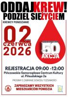 Jubileuszowa, 50. akcja krwiodawstwa 'Oddaj Krew - Podziel się Życiem' odbędzie się we wtorek, 2 czerwca 2026 roku, w Pińczowskim Samorządowym Centrum Kultury przy ul. Piłsudskiego 2a. Rejestracja dawców prowadzona będzie w godzinach od 9:00 do 12:00.