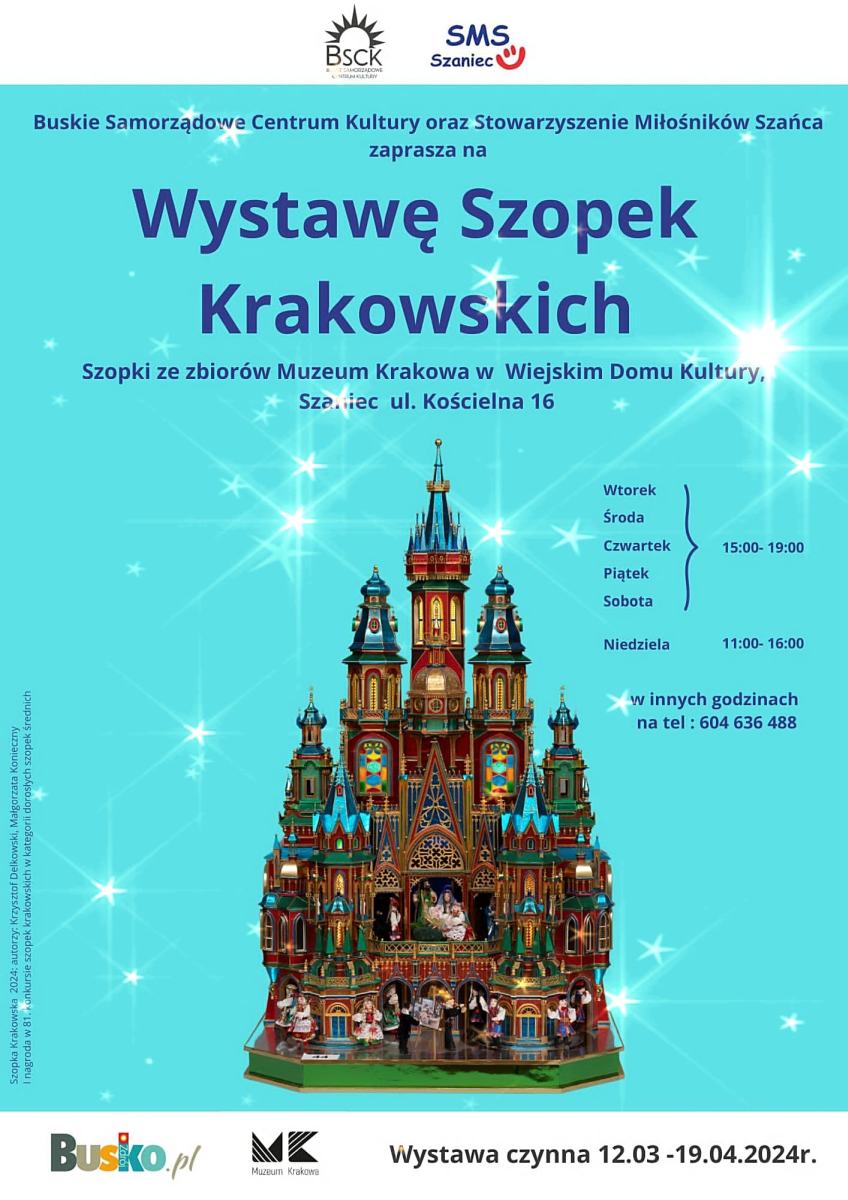 
W niedzielę, 10 marca 2024r. o godz. 16:00 w Wiejskim Domu Kultury w 
Szańcu odbędzie się wernisaż niezwykłej wystawy Szopek Krakowskich, 
pochodzących ze zbiorów Muzeum Krakowa.

