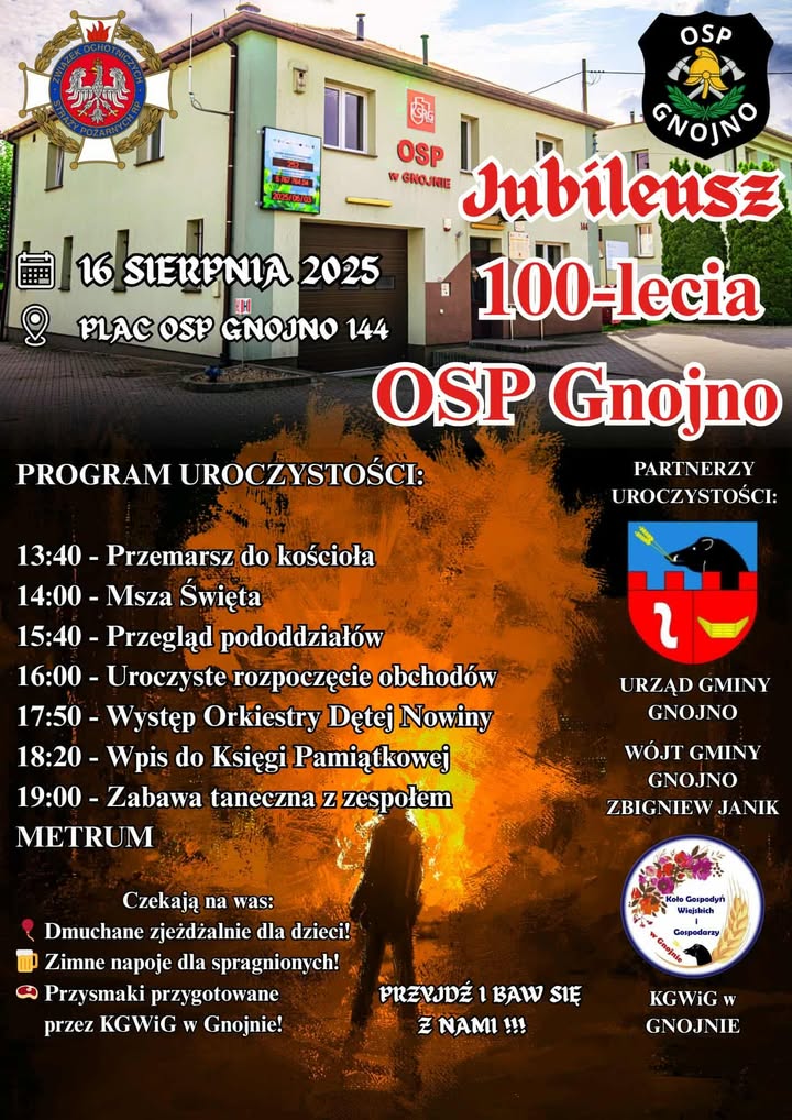 
<p>Jednostka Ochotniczej Straży Pożarnej w Gnojnie obchodzi w tym roku wyjątkowy jubileusz - 100-lecie swojego istnienia. Z tej okazji w sobotę, 16 sierpnia 2025 roku, na placu OSP odbędą się uroczyste obchody, na które zaproszeni są nie tylko mieszkańcy gminy, ale wszyscy, którzy chcą uczcić stulecie działalności lokalnych druhów.</p>



