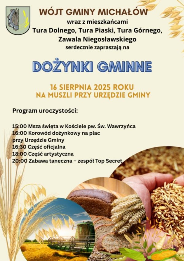 
W sobotę, 16 sierpnia 20245roku zapraszamy na Dożynki Gminne w Michałowie. Wydarzenie zainauguruje Msza św. w kościele parafialnym.<br />







