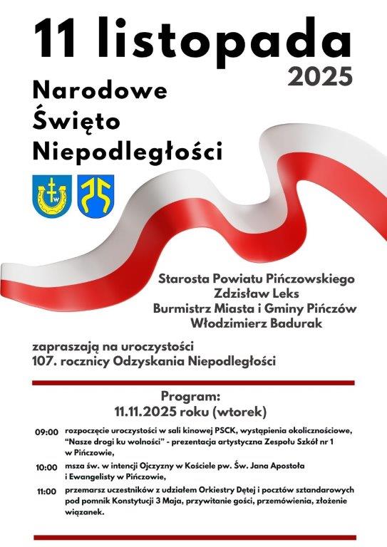 
Starosta Powiatu Piczowskiego Zdzisaw Leks oraz Burmistrz Miasta i Gminy Piczw Wodzimierz Badurak zapraszaj mieszkacw na uroczystoci z okazji 107. rocznicy Odzyskania przez Polsk Niepodlegoci.



