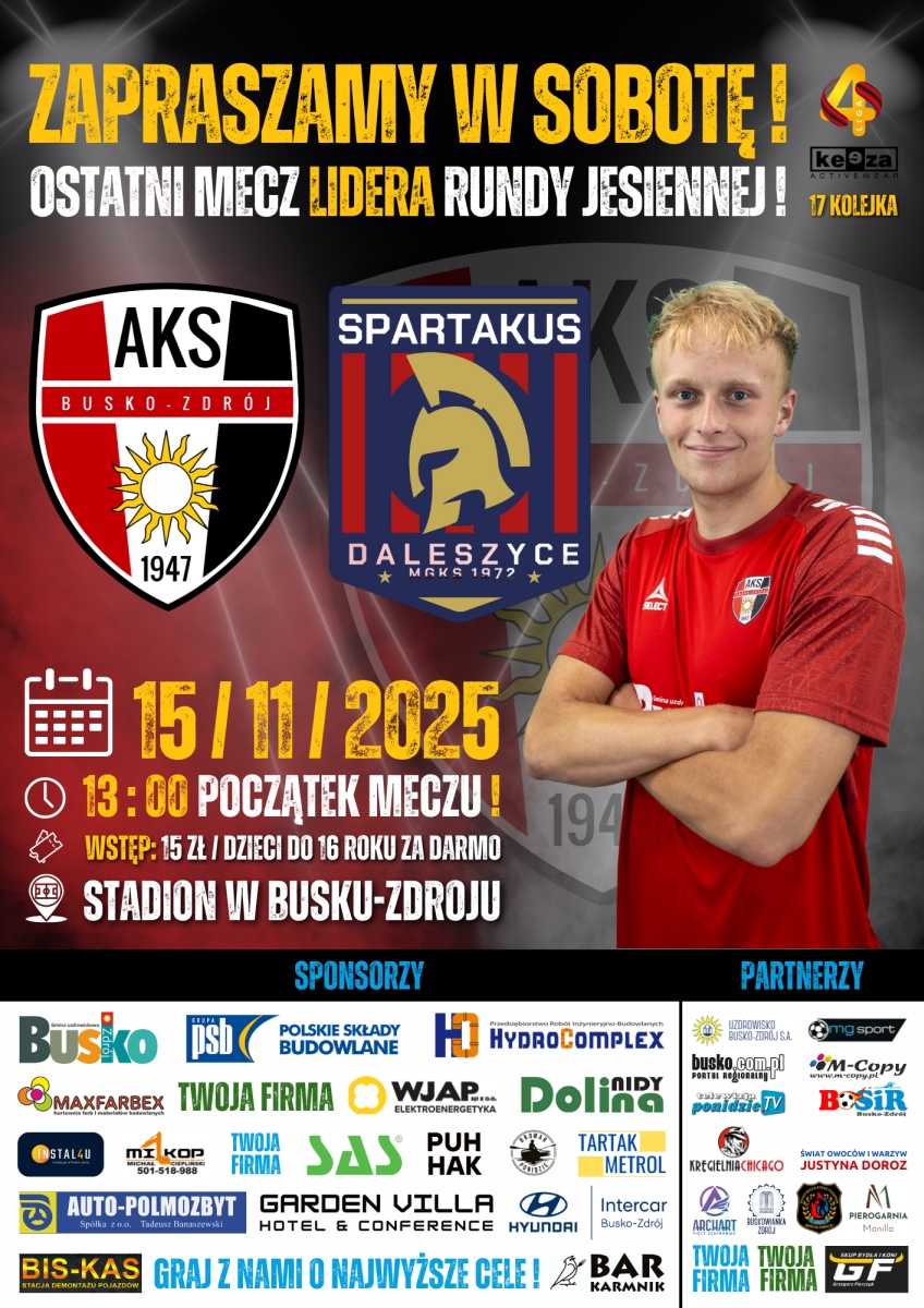 W najbliższą sobotę, 15 listopada 2025 roku, o godzinie 13:00
na Stadionie Miejskim w Busku-Zdroju odbędzie się spotkanie Keeza IV Ligi Świętokrzyskiej. Lider tabeli, AKS 1947 Busko-Zdrój,
podejmie na własnym boisku drużynę Spartakus Daleszyce.