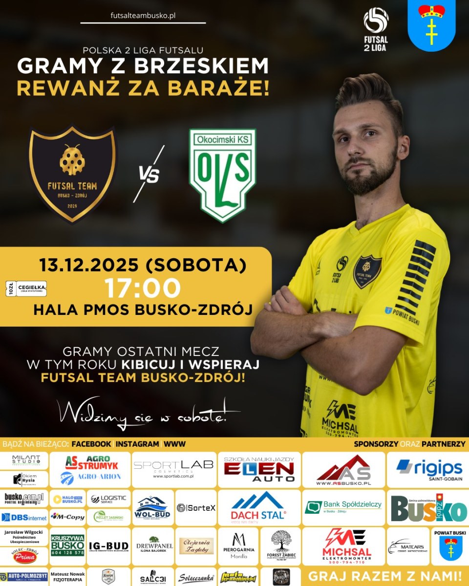 W sobotę, 13 grudnia 2025 roku, o godzinie 17.00 w hali PMOS w Busku-Zdroju Futsal Team Busko-Zdrój rozegra ostatnie domowe spotkanie w mijającym roku. Rywalem zespołu będzie Okocimski KS Brzesko, dobrze znany kibicom z barażowego dwumeczu. Zapowiada się ciekawe starcie.