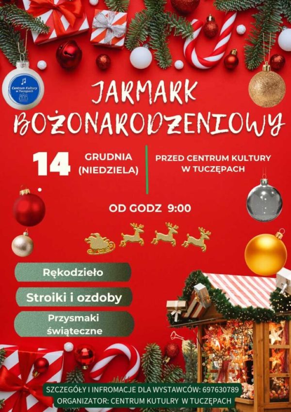 Centrum Kultury w Tuczępach zaprasza mieszkańców gminy oraz wszystkich miłośników świątecznych klimatów na Jarmark Bożonarodzeniowy, który odbędzie się 14 grudnia (niedziela).