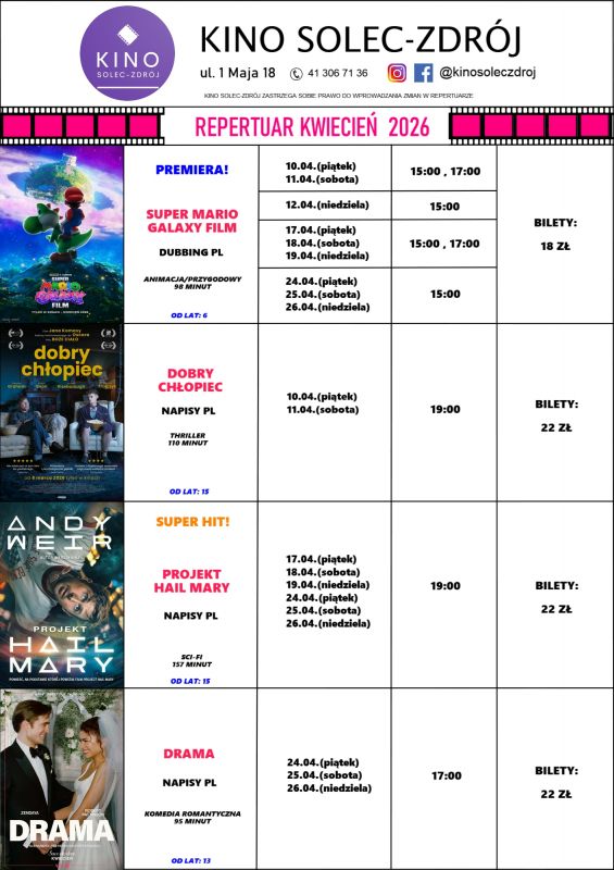 Zapraszamy na seanse do Kina Solec-Zdrój! A w  repertuarze między innymi:  SUPER MARIO GALAXY FILM, PROJEKT HAIL MARY