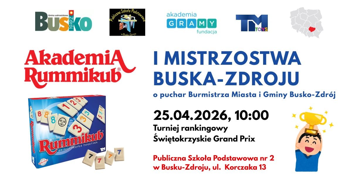 Busko-Zdrój będzie gospodarzem I Mistrzostw Buska-Zdroju o Puchar Burmistrza Miasta i Gminy Busko-Zdrój w Rummikub. Turniej odbędzie się 25 kwietnia 2026 roku i zgromadzi miłośników gier planszowych oraz rywalizacji umysłowej.