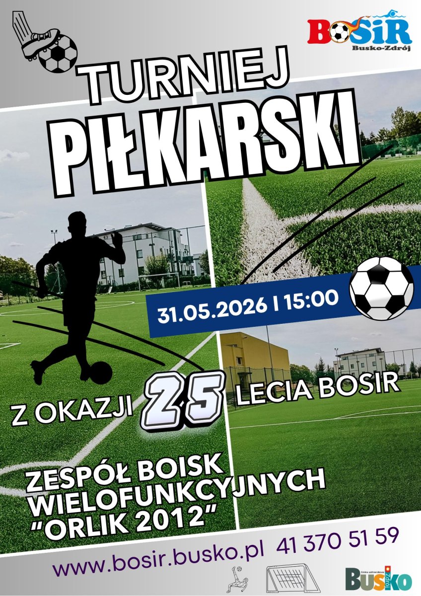 25 lat Buskiego Ośrodka Sportu i Rekreacji to doskonała okazja do wspólnego świętowania na sportowo. Już 31 maja na Orliku 2012 odbędzie się jubileuszowy Turniej Piłkarski, który ma połączyć sportowe emocje, rywalizację i dobrą zabawę.