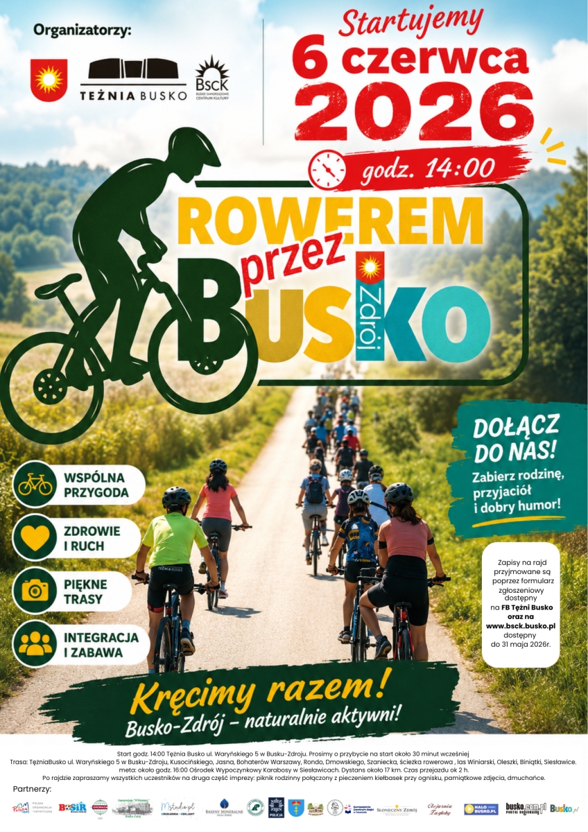 To jest propozycja dla wszystkich, którzy lubią aktywny wypoczynek i rowerowe wycieczki. Rajd 'Rowerem przez Busko-Zdrój' połączy sportowe emocje z rodzinną atmosferą i wspólną integracją uczestników.
