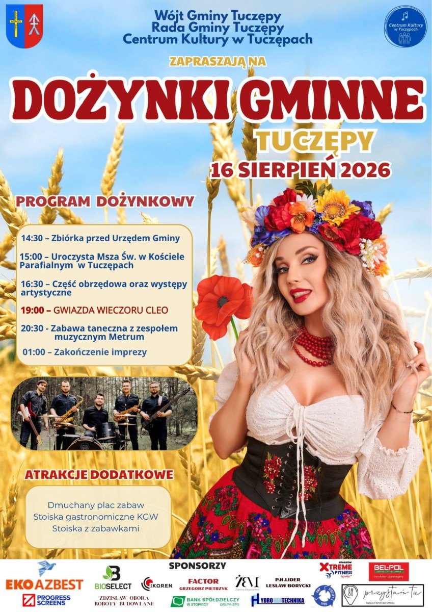 Tradycyjny korowód, uroczysta msza, obrzędy dożynkowe, występy artystyczne i koncert jednej z najpopularniejszych polskich wokalistek - tak zapowiadają się tegoroczne Dożynki Gminne w Tuczępach. Organizatorzy przygotowali bogaty program, który połączy tradycję z nowoczesną rozrywką i atrakcjami dla całych rodzin.