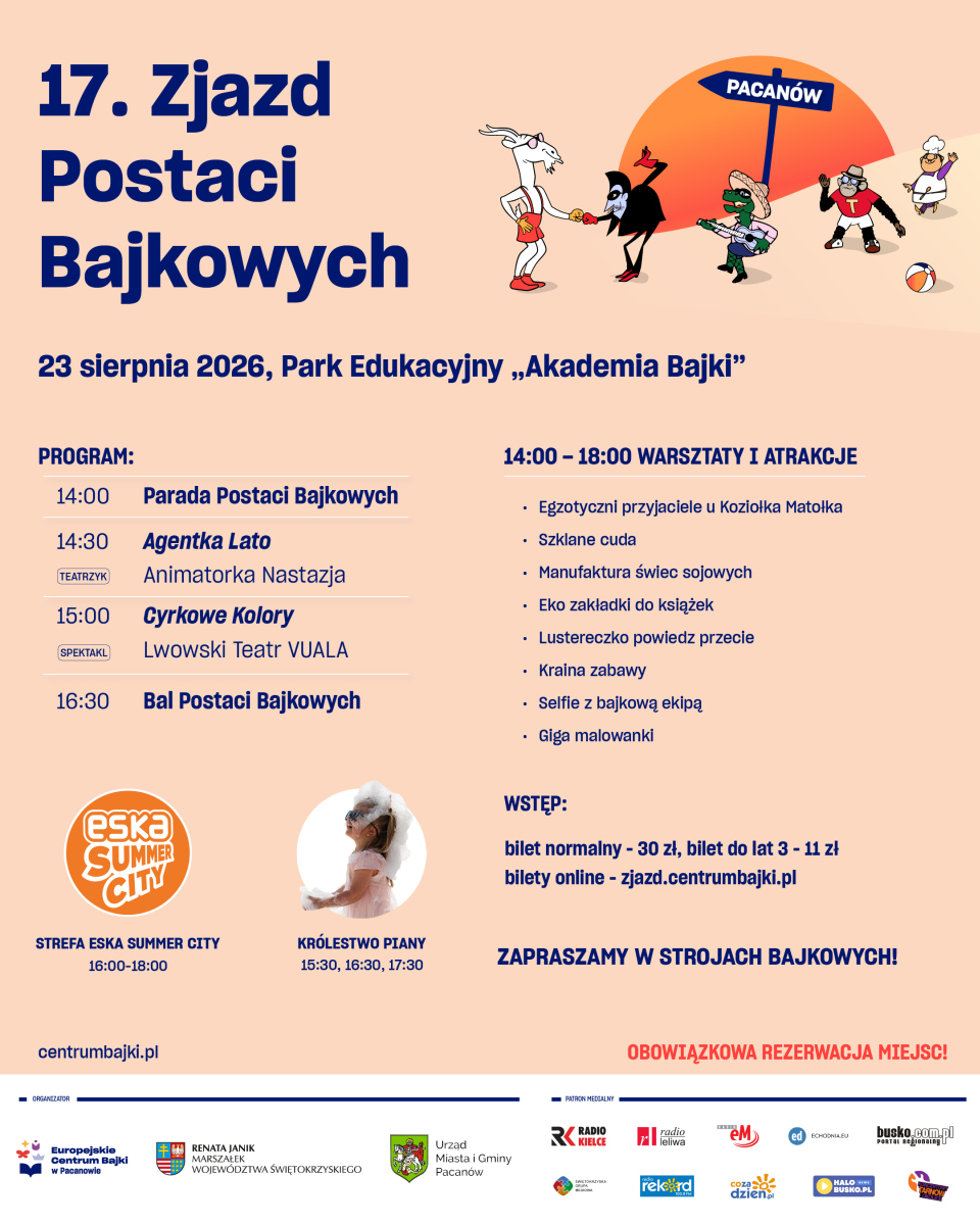Parada, teatr uliczny, egzotyczne zwierzęta, warsztaty i Królestwo Piany. To tylko część atrakcji, które 23 sierpnia czekają na odwiedzających Pacanów. Park Edukacyjny 'Akademia Bajki' ponownie stanie się miejscem spotkania bohaterów znanych z dziecięcych opowieści.