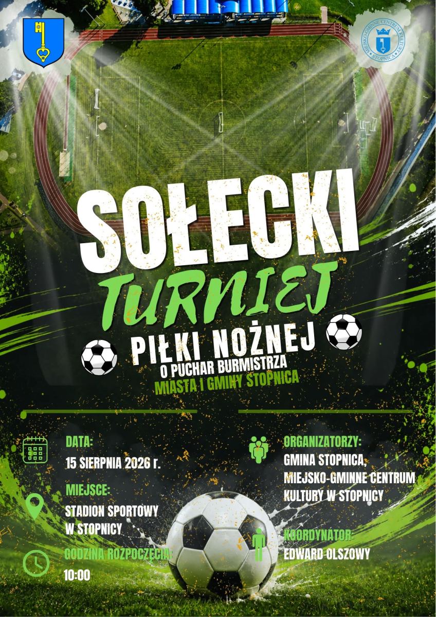 W sobotę, 15 sierpnia, stadion w Stopnicy stanie się miejscem rywalizacji drużyn reprezentujących miejscowe sołectwa. O godzinie 10.00 rozpocznie się Sołecki Turniej Piłki Nożnej o Puchar Burmistrza Miasta i Gminy Stopnica. Organizatorzy liczą nie tylko na dobrą grę zawodników, ale także na doping mieszkańców.