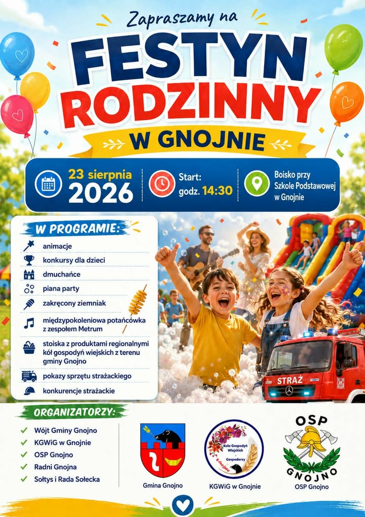 Mieszkańcy Gnojna i okolic będą mieli okazję spędzić niedzielne popołudnie na wspólnej zabawie. Już 23 sierpnia przy Szkole Podstawowej w Gnojnie odbędzie się Festyn Rodzinny. Organizatorzy przygotowali program zarówno dla najmłodszych, jak i dorosłych. Początek wydarzenia zaplanowano na godz. 14:30.