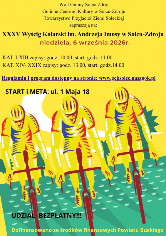 Solec-Zdr�j po raz kolejny stanie si� miejscem kolarskiej rywalizacji. W niedziel�, 6 wrze�nia, odb�dzie si� XXXV Wy�cig Kolarski im. Andrzeja Imosy. Na trasie b�d� mogli sprawdzi� si� zar�wno doro�li zawodnicy, jak i dzieci oraz m�odzie�. Udzia� w zawodach jest bezp�atny.