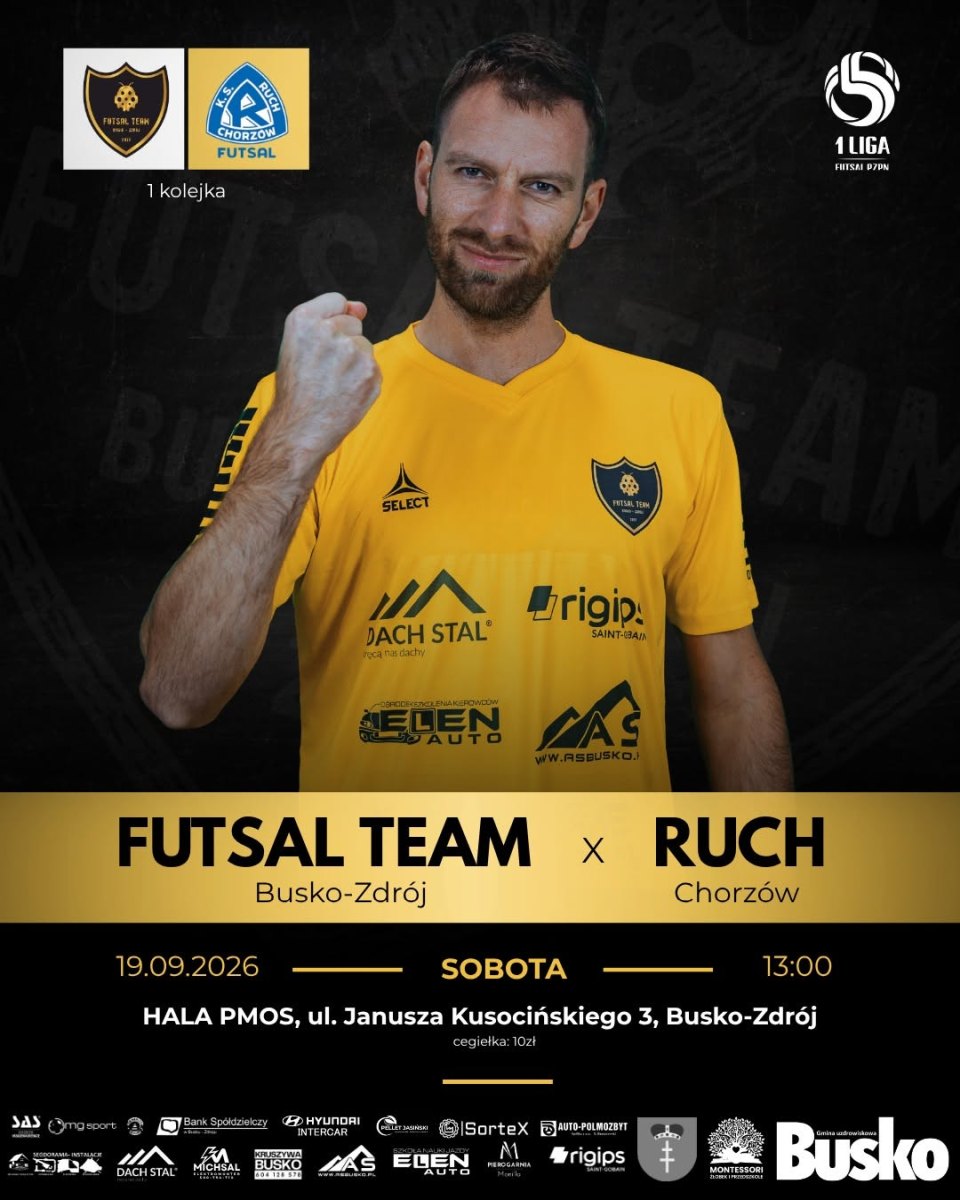 Przed Futsal Team Busko-Zdrój ważny moment. W sobotę, 19 września, zespół rozpocznie sezon 2026/2027 w 1. Polskiej Lidze Futsalu. Pierwszym rywalem buskiej drużyny będzie Ruch Chorzów Futsal. Spotkanie odbędzie się w hali PMOS w Busku-Zdroju.