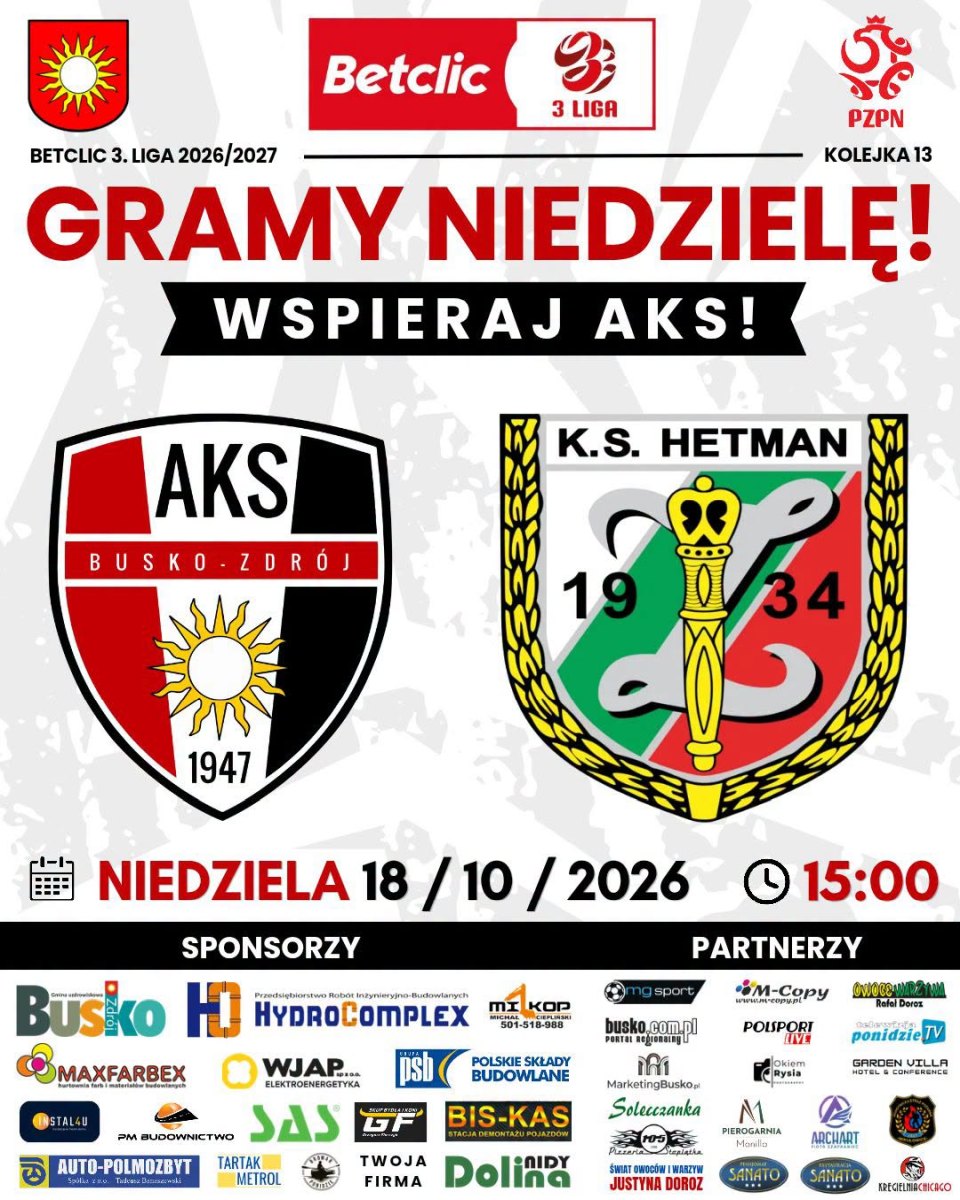 Przed piłkarzami AKS 1947 Busko-Zdrój kolejne ligowe wyzwanie. W niedzielę, 18 października 2026 roku, buszczanie zmierzą się przed własną publicznością z Hetmanem Zamość. Początek spotkania zaplanowano na godzinę 15:00. Niedzielny pojedynek zapowiada się interesująco, ponieważ obie drużyny dzielą zaledwie trzy punkty.