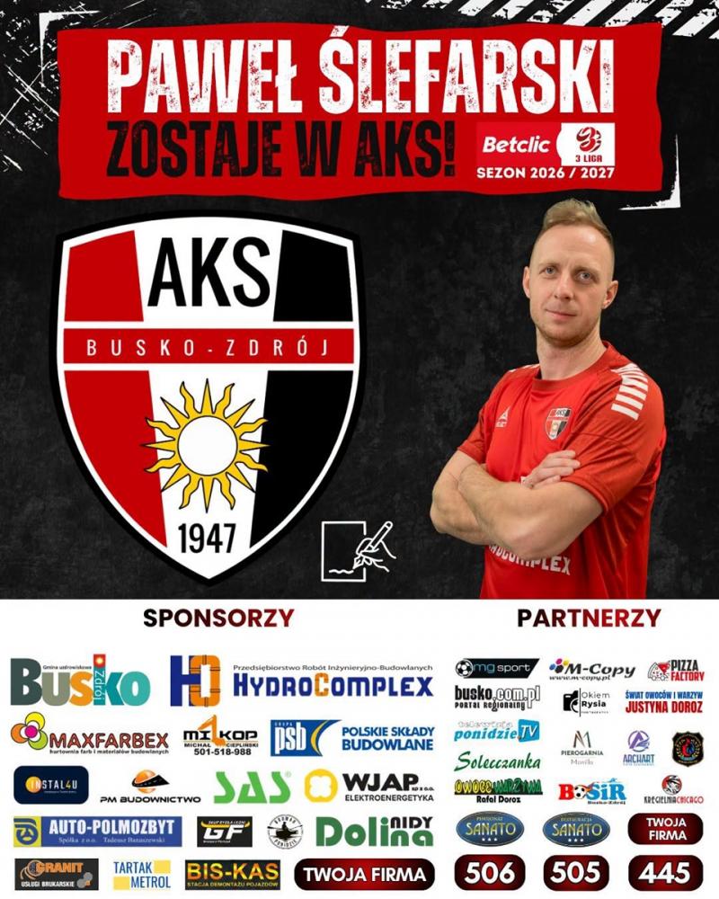 AKS 1947 Busko-Zdrój buduje kadrę na 3 ligę. Pięciu zawodników zostaje w zespole. Foto: 43062_sklad_aks_3liga_2026_001.jpg 