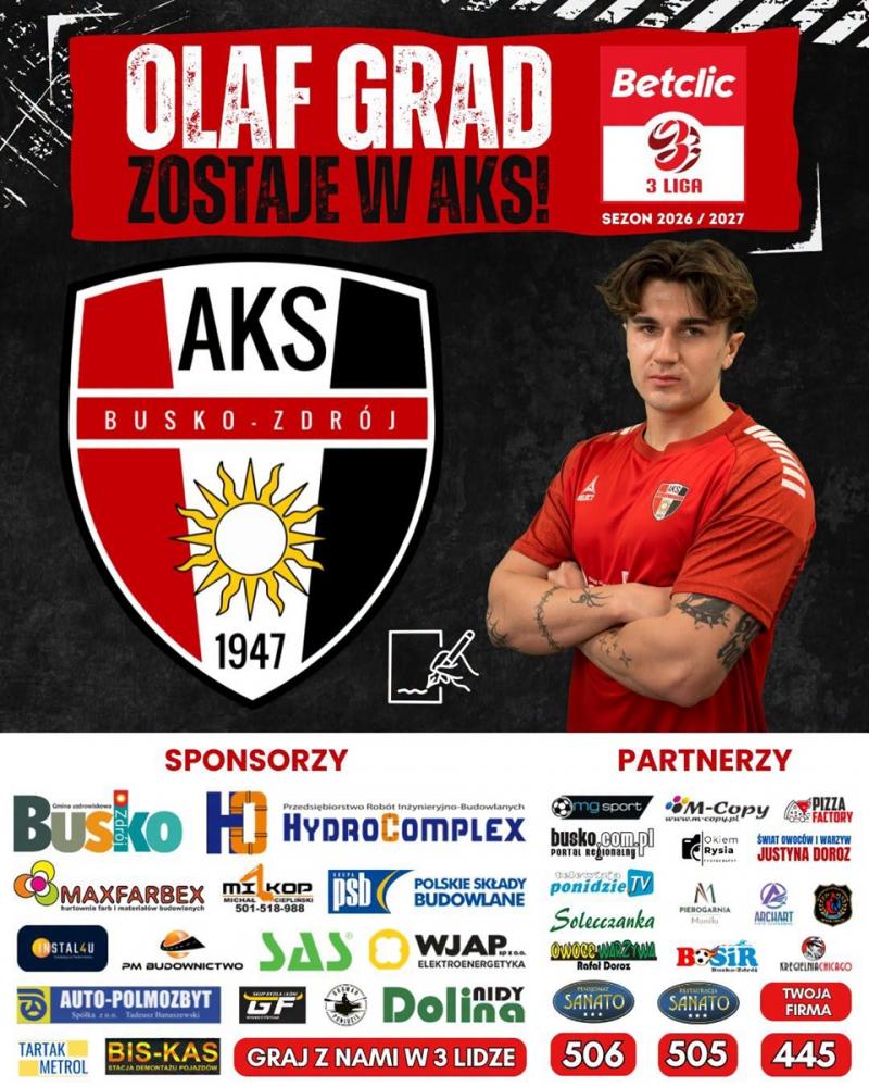 AKS 1947 Busko-Zdrój buduje kadrę na 3 ligę. Pięciu zawodników zostaje w zespole. Foto: 43062_sklad_aks_3liga_2026_004.jpg 