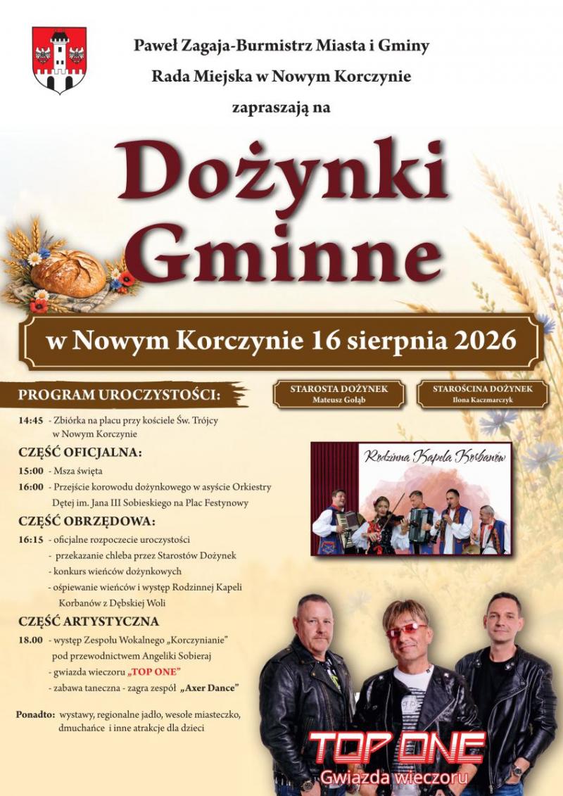 Dożynki Gminne 2026 w Nowym Korczynie. Święto plonów z koncertem zespołu TOP ONE. Foto: 43320_plakat_dozynki_nowy_korczyn.jpg 