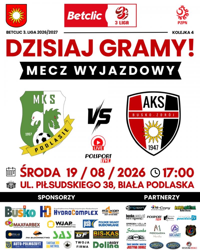 Dzi� Podlasie Bia�a Podlaska vs AKS 1947 Busko-Zdr�j. Pocz�tek o godz. 17.00. Foto: 43392_mecz_aks_podlasie_19082026.jpg 